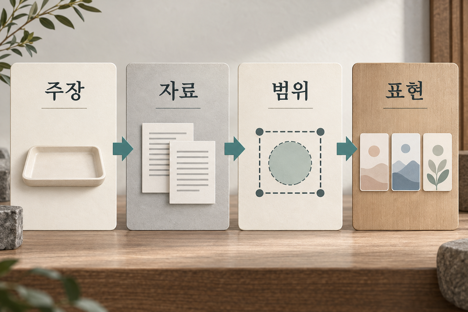 주장·자료·범위·표현을 차례로 대조하는 네 단계 설명용 도식