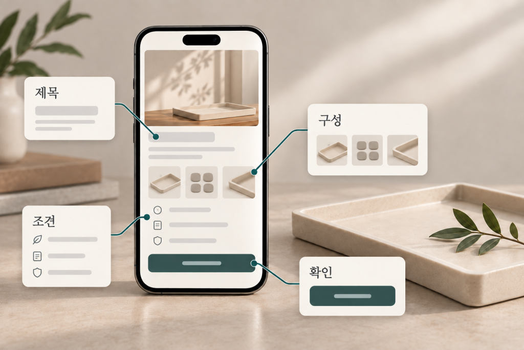 트레이 첫 화면의 제목·구성·조건·확인 정보를 별도 카드에 연결한 설명용 이미지
