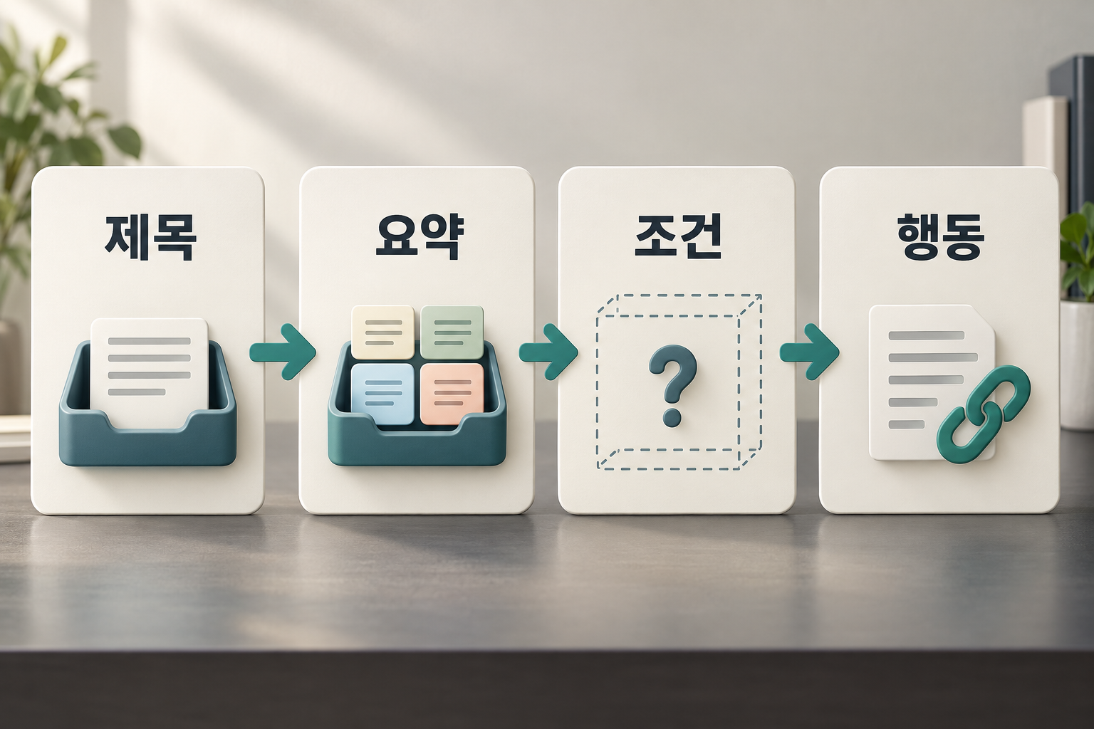제목·요약·조건·행동을 연결한 첫 화면 정보 역할의 설명용 도식