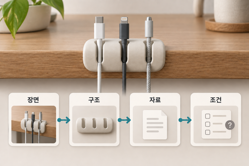 세 홈의 케이블 홀더를 장면·구조·자료·미확인 조건에 연결한 설명용 이미지