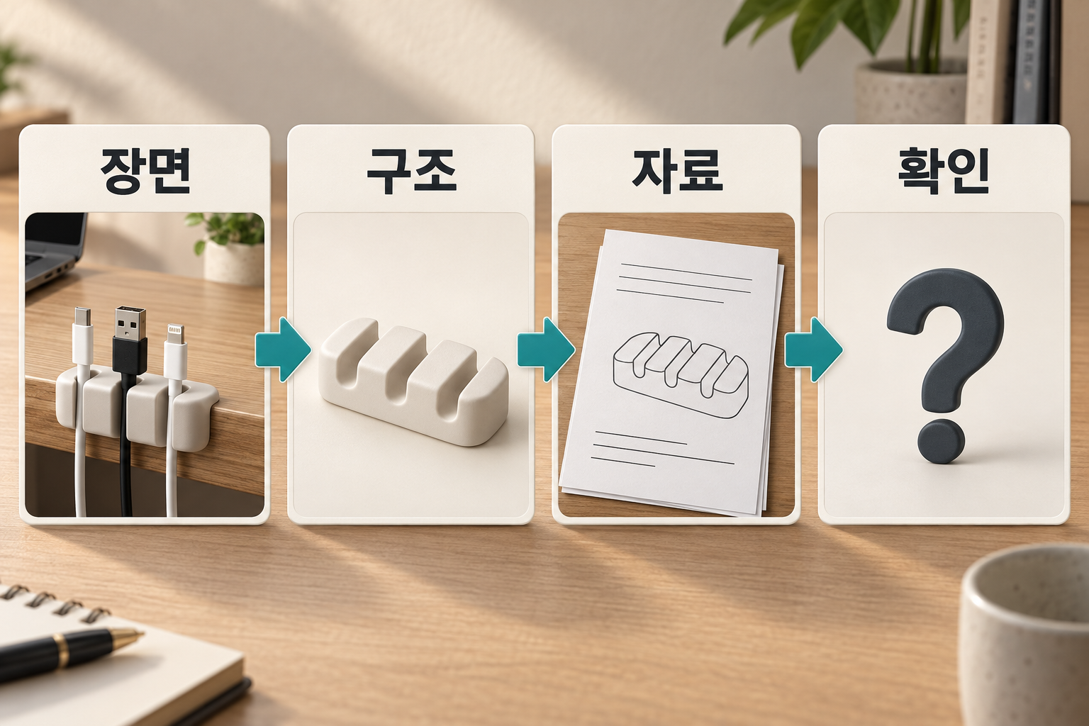 장면에서 세 홈의 구조·자료·미확인 조건으로 이어지는 설명용 도식