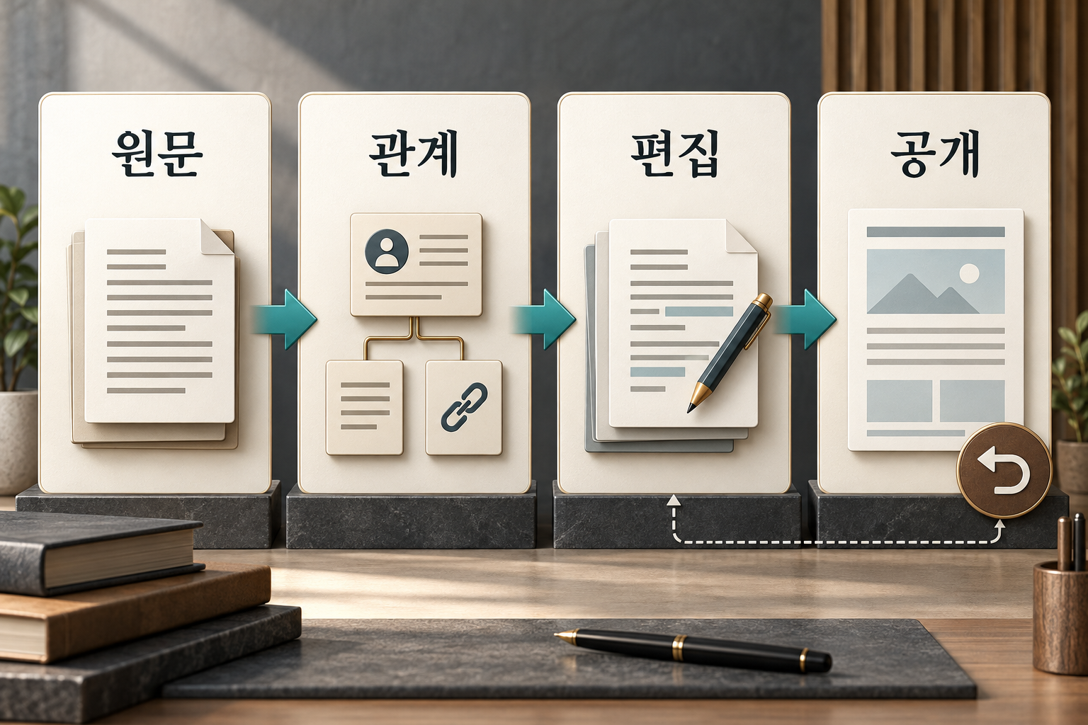 원문·관계·편집·공개와 후속 정정의 관계를 연결한 후기 기록 도식