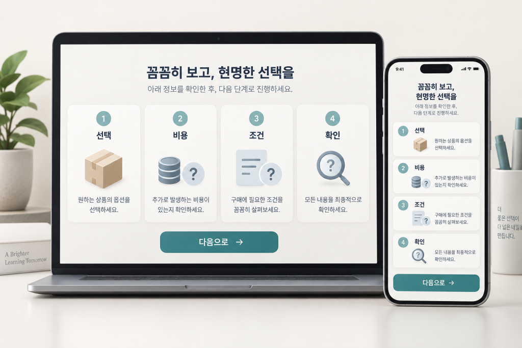 선택·비용·조건·확인 정보 뒤에 행동을 두고 같은 흐름을 모바일에 연결한 설명용 이미지