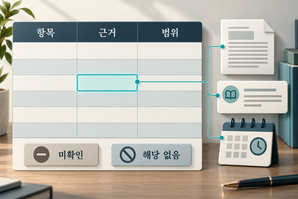 비교표 셀을 항목 정의·근거·범위·확인 기록에 연결하고 미확인과 해당 없음을 구분한 설명용 이미지