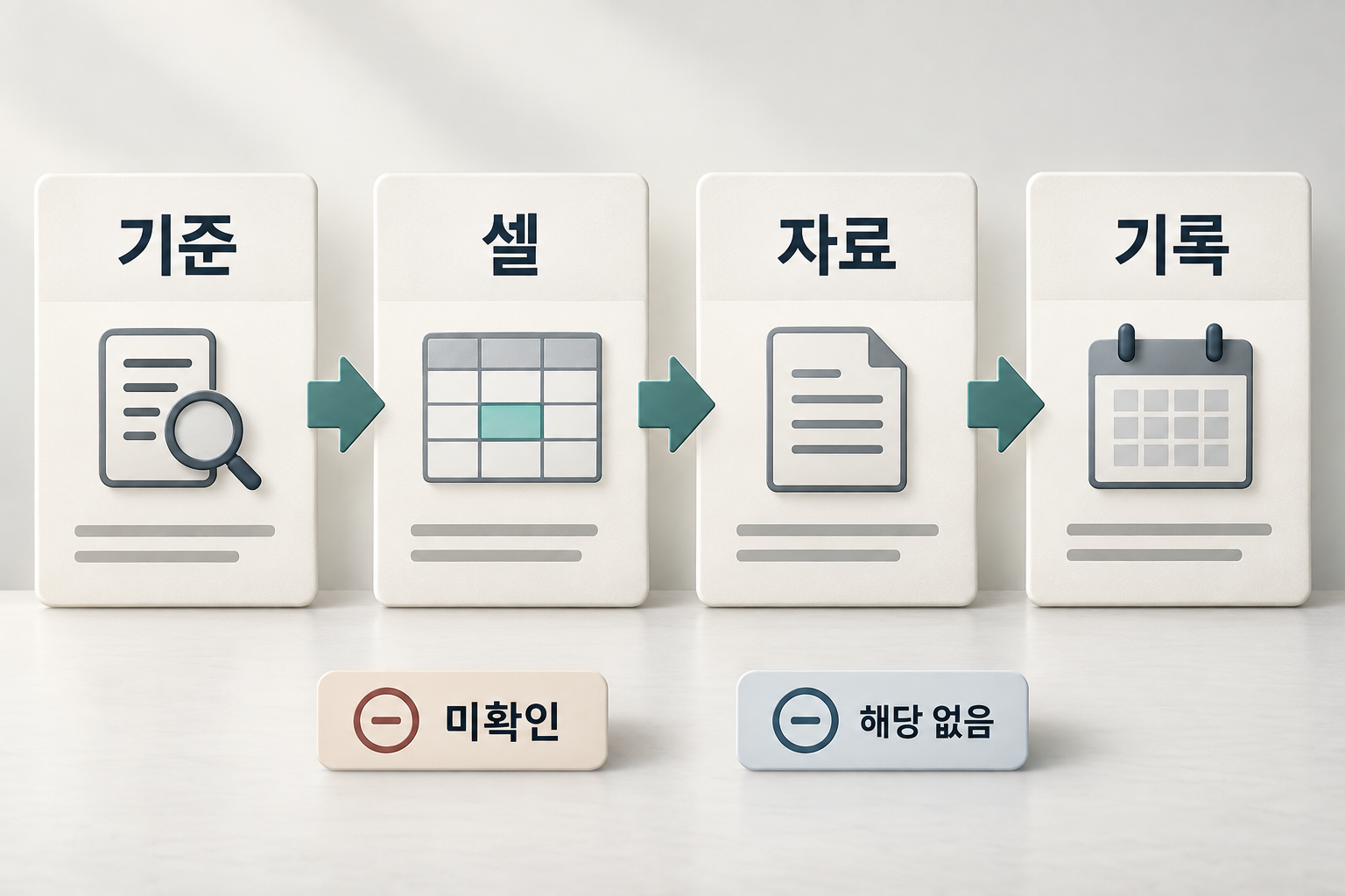 기준·셀·자료·기록을 연결하고 미확인과 해당 없음을 구분한 비교표 검토 도식