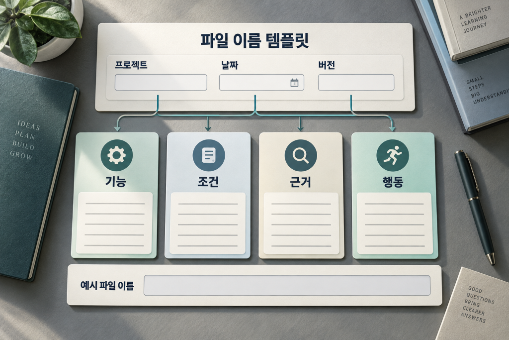 프로젝트·날짜·버전 입력 양식을 기능·조건·근거·행동 검토 항목에 연결한 설명용 이미지