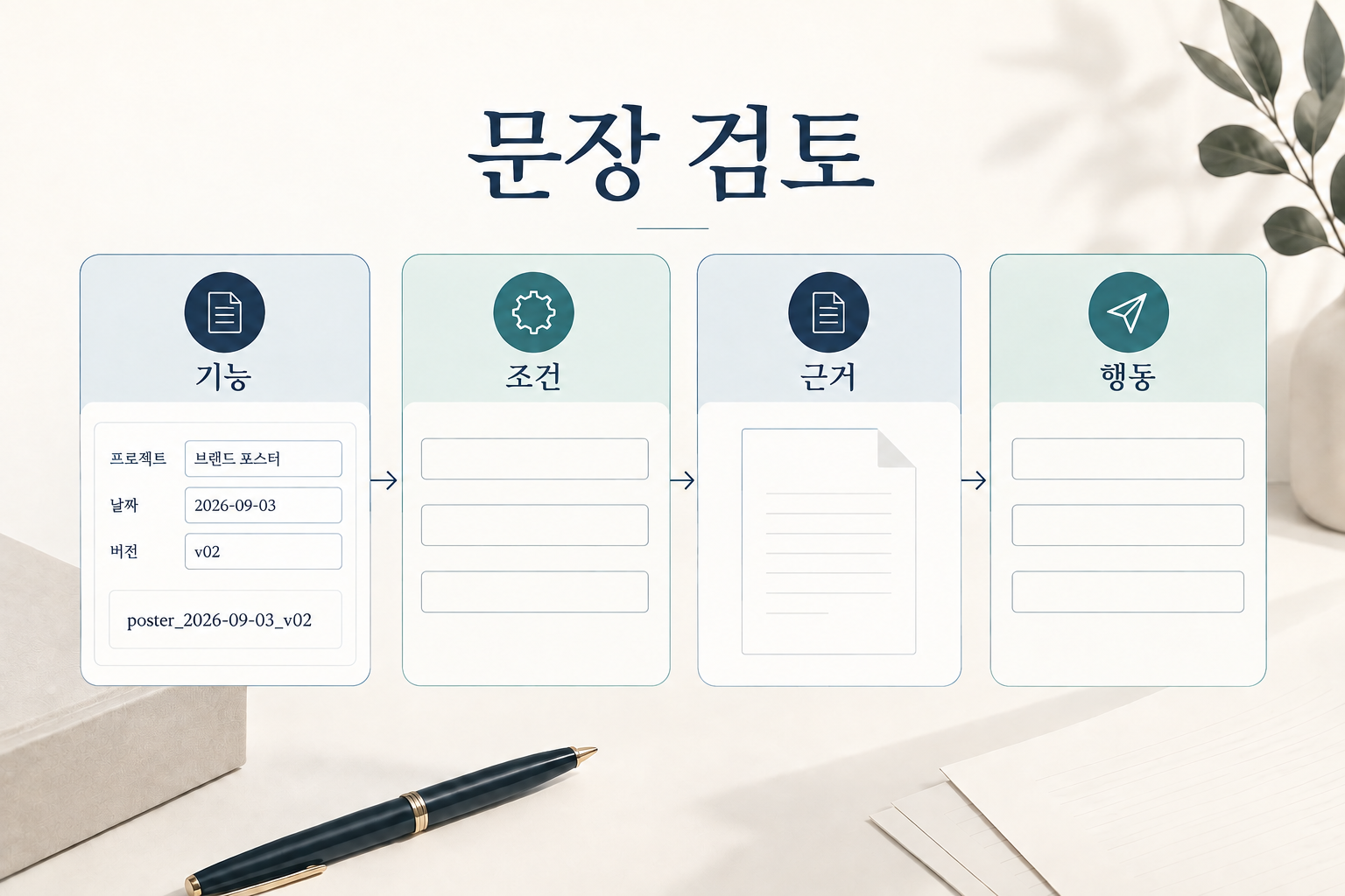프로젝트·날짜·버전 입력 예제를 기능·조건·근거·행동에 연결한 문장 검토 도식