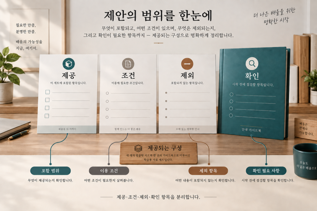 가상의 양식과 안내 자료를 제공·조건·제외·확인 항목으로 나눠 연결한 설명용 이미지