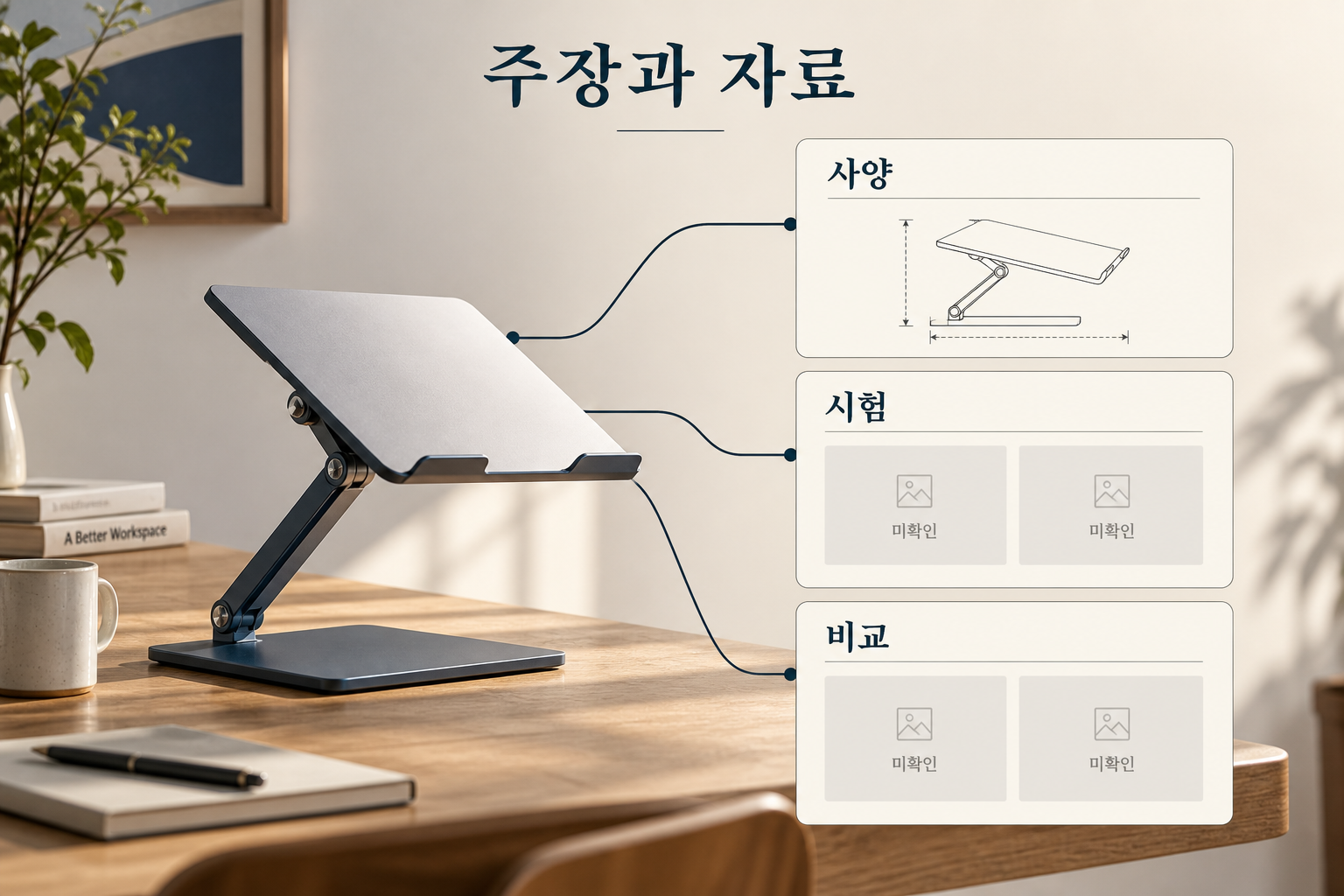 스탠드의 사양 도면과 미확인 시험·비교 자료를 구분한 이미지