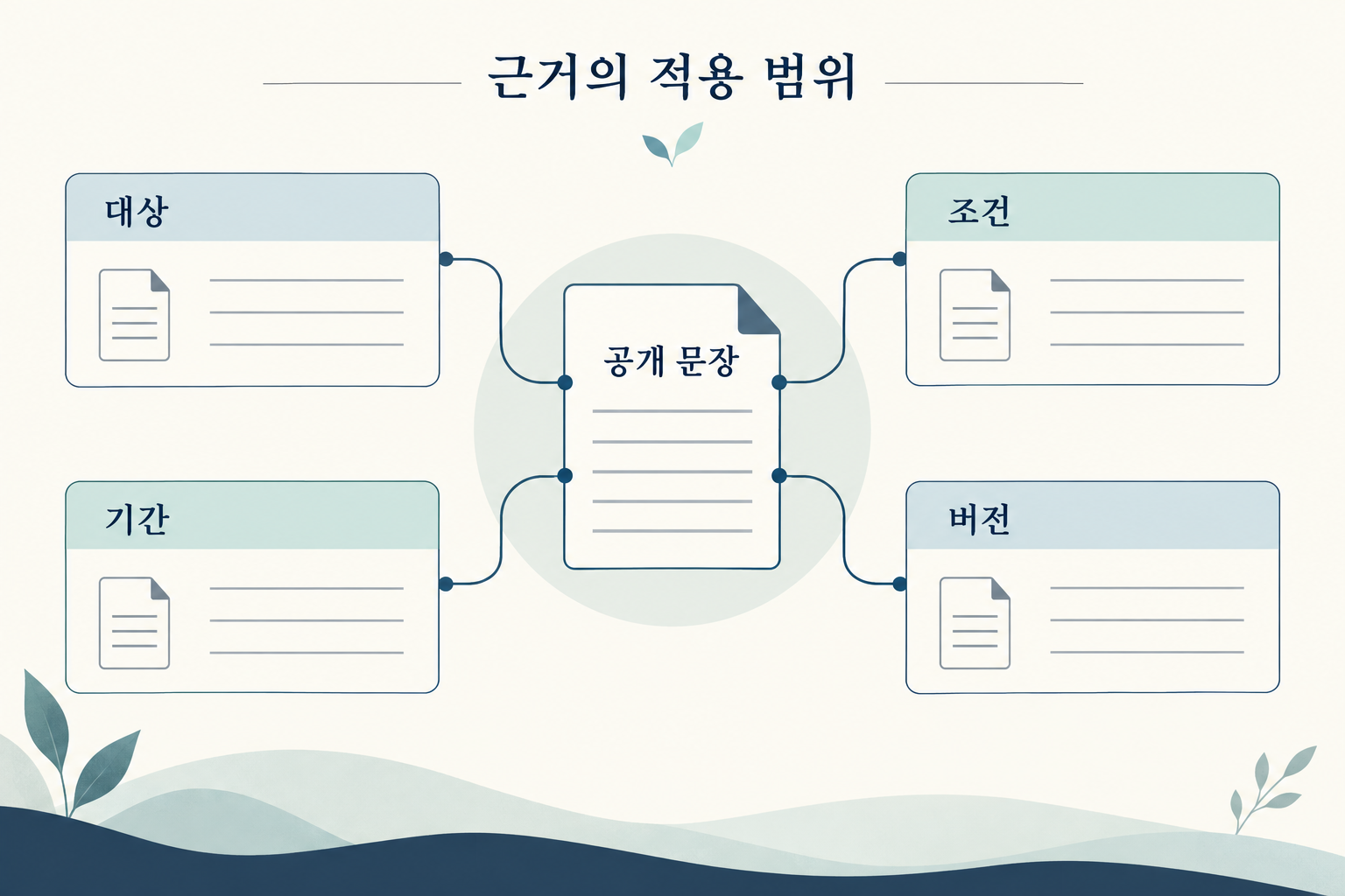 공개 문장과 대상·조건·기간·버전 자료를 연결한 도식