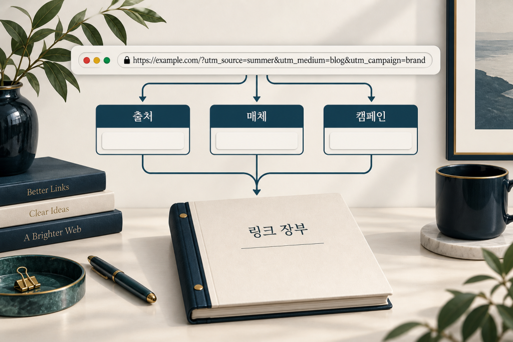 가상 example.com 캠페인 링크와 출처·매체·캠페인 장부를 연결한 이미지