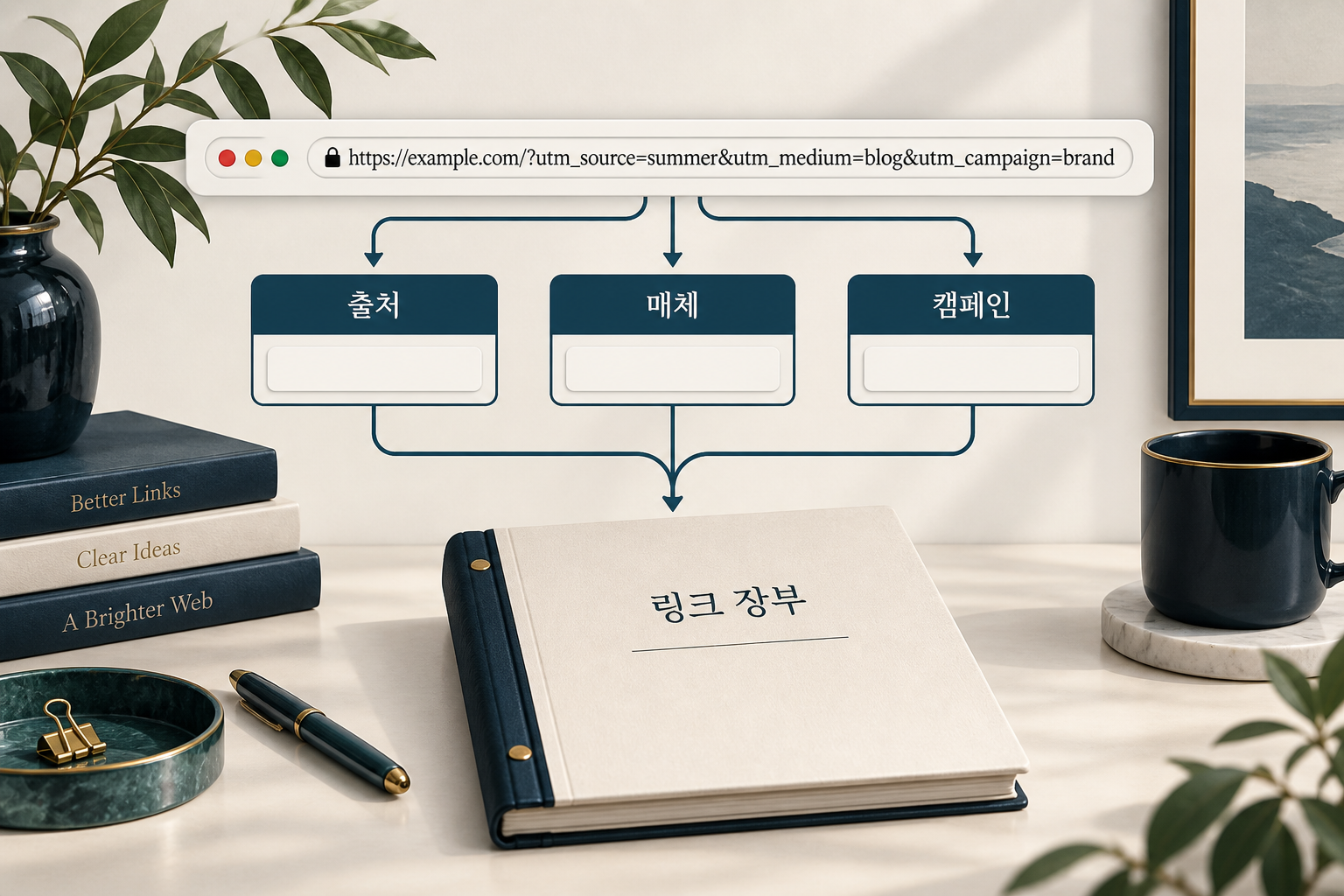 가상 example.com 캠페인 링크와 출처·매체·캠페인 장부를 연결한 이미지