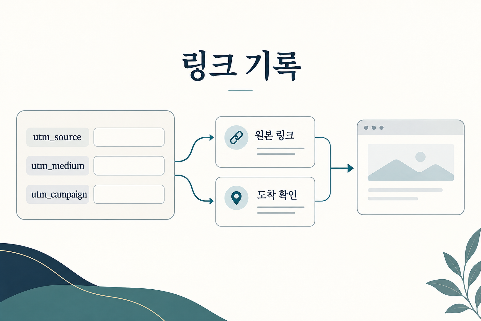 UTM 필드와 원본 링크·도착 확인 기록을 구분한 도식