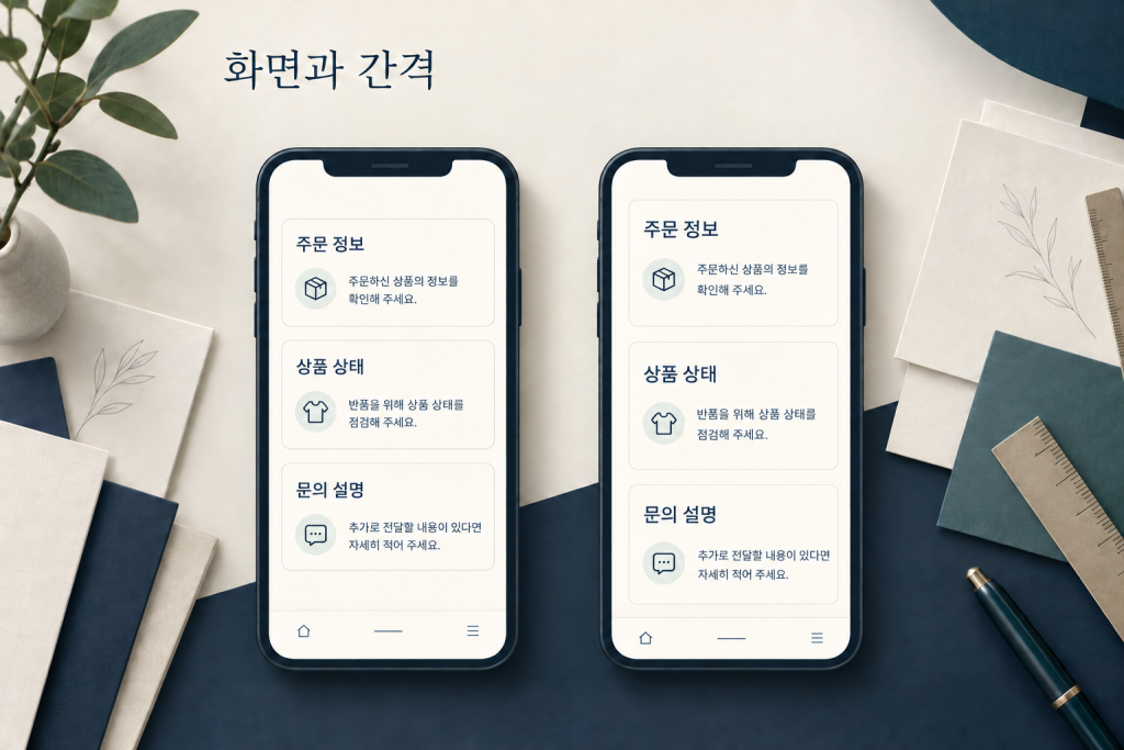 주문 정보·상품 상태·문의 설명을 같은 내용의 다른 간격으로 표시한 이미지