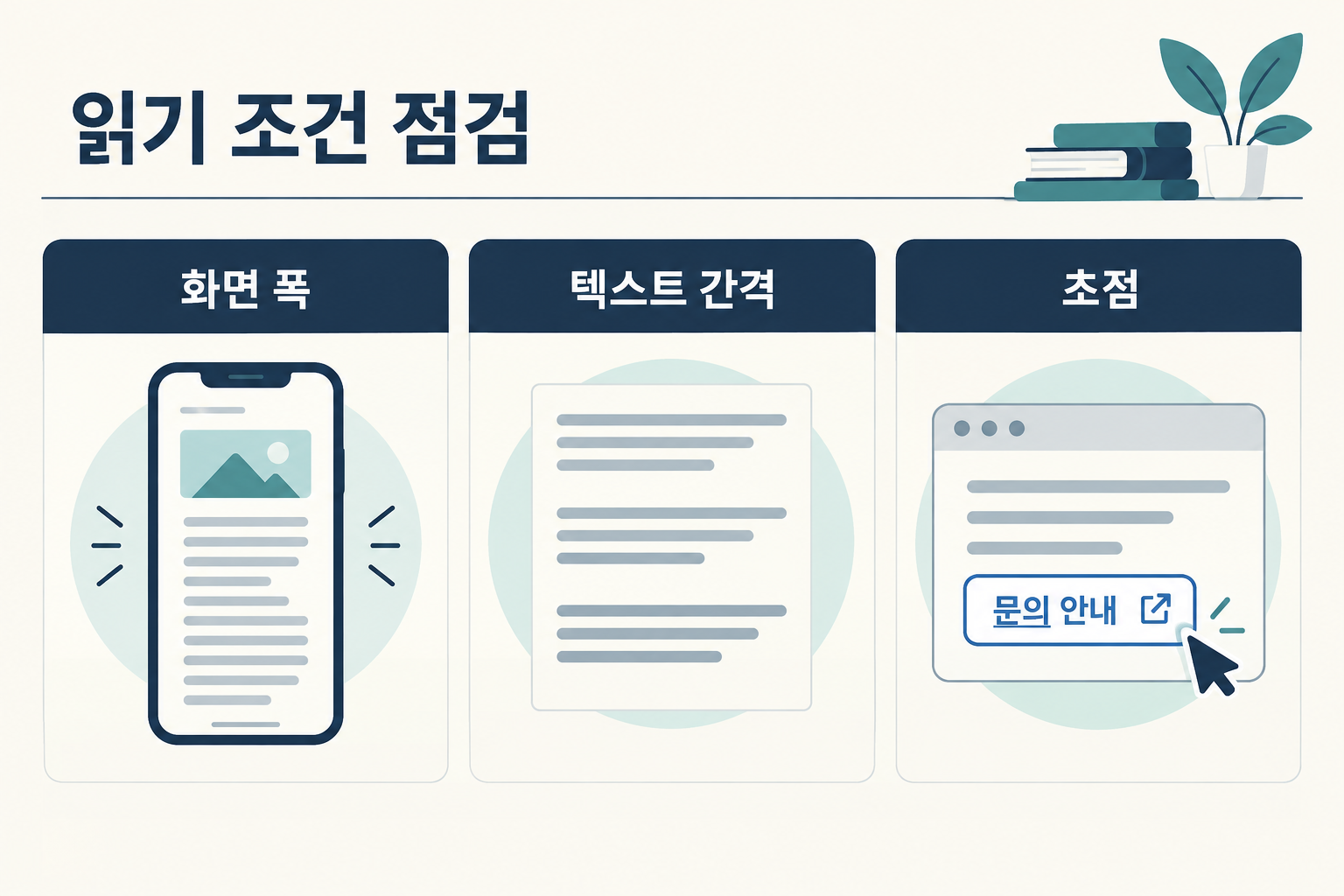화면 폭·텍스트 간격·초점의 읽기 점검 조건을 나눈 도식