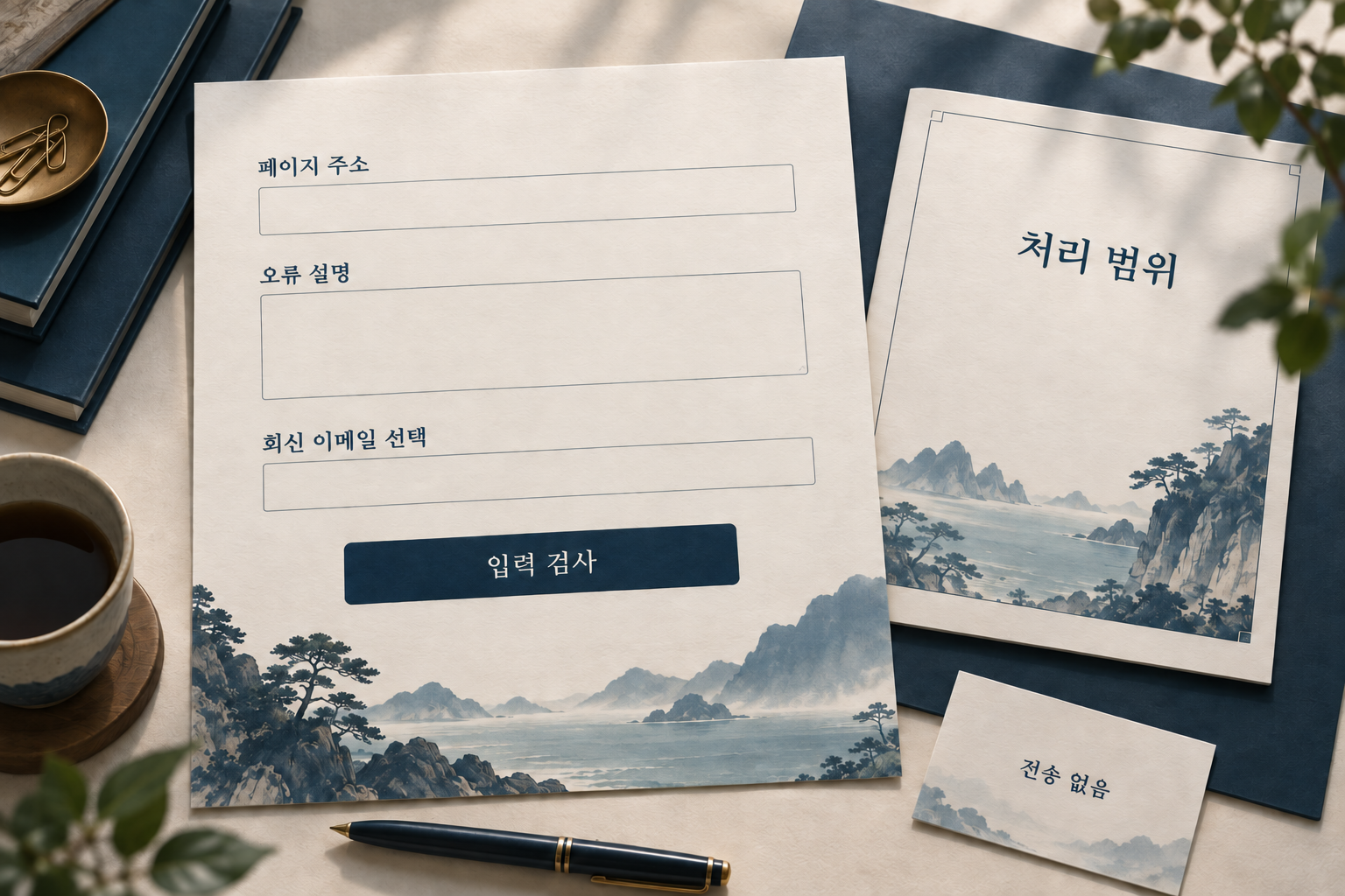 페이지 주소·오류 설명·선택 회신 이메일과 전송 없는 입력 검사를 표시한 이미지