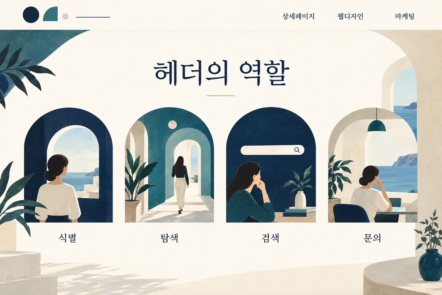 사이트 헤더의 식별·탐색·검색·문의 역할을 네 장면으로 나눈 삽화