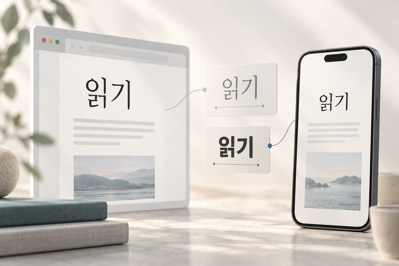 문서와 휴대전화의 한글 표기를 서로 다른 글꼴 카드에 연결한 웹폰트 준비 과정 설명용 이미지