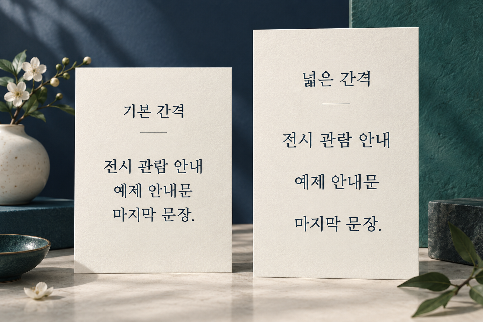 같은 전시 안내문을 기본 간격과 넓은 간격의 두 카드로 표시한 이미지